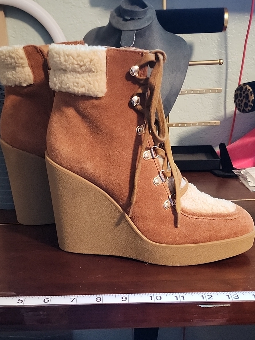 Jessica Simpson Tan Suede Wedge Lace-Up Ankle Boots with Shearling Trim